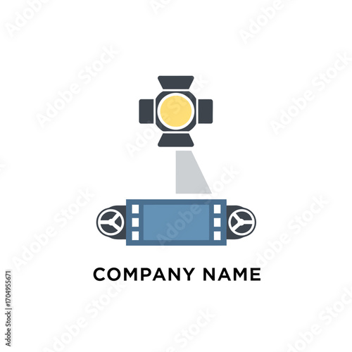 Film production spotlight illuminating a classic film strip icon.