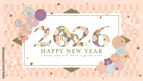 2026年午年　和風花柄文字の年賀背景（16:9サイズ）