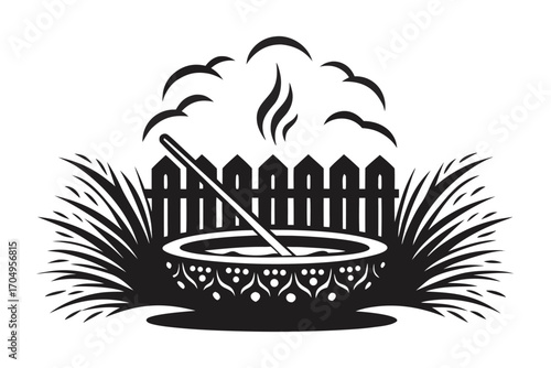 Black Cauldron with Wooden Fence, Smoke, Grass and Mixing Stick on White Background