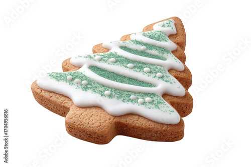 Christmas tree cookie with white icing and green sprinkles isolated on transparent background