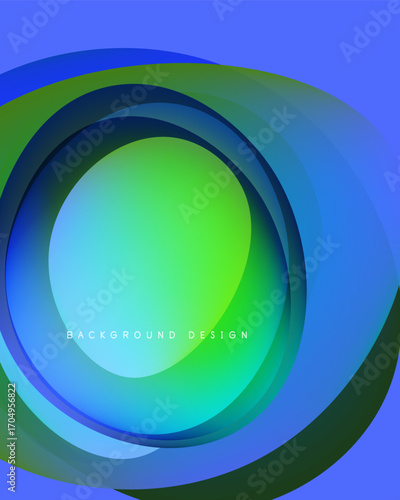 Abstract layers create vibrant circular design. Blue, green hues blend smoothly, forming dynamic visual effect. Modern background element.