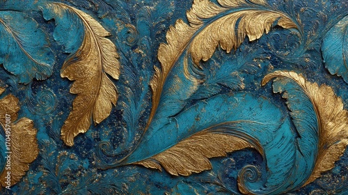 Decorative teal and gold leaf pattern wall covering creates an elegant and luxurious interior design detail