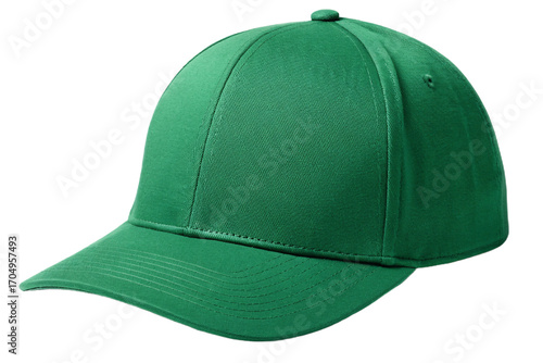Forest green cotton baseball hat with classic structured crown and curved bill, isolated on a transparent background