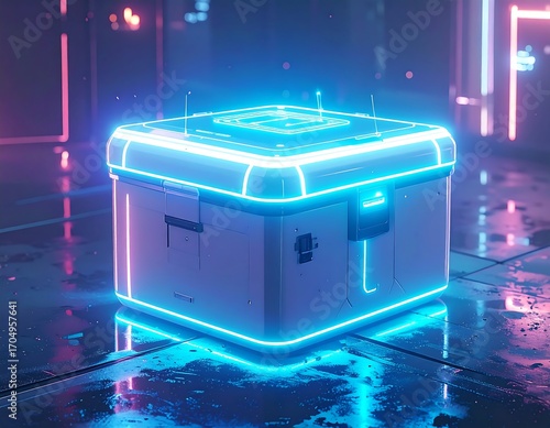 Futuristic Cybernetic Storage Box Illuminated by Neon Lights in a Dark Digital Environment