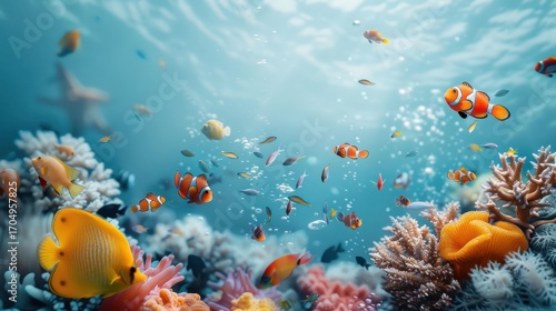 A bird's-eye view of a vibrant coral reef teeming with marine life.