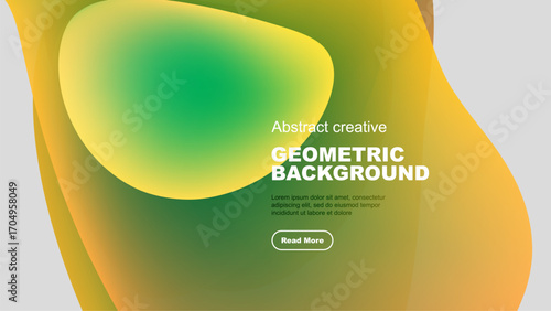 Abstract fluid shapes, vibrant colors, geometric design. Text includes geometric background, plus sample lorem ipsum text, button.