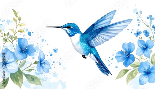 Vibrant hummingbird surrounded by delicate blue flowers
