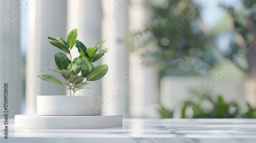 Refined 3D setup with white Roman column podium, showcasing a product in an ancient Greek setting, featuring a classic background and minimalist stage with greenery.