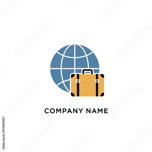 Global travel logo design with suitcase and world globe icon.