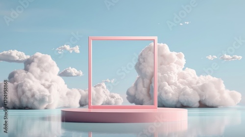 Soft pink podium on a sky-blue platform with cloud backdrop, perfect for serene product showcasing.