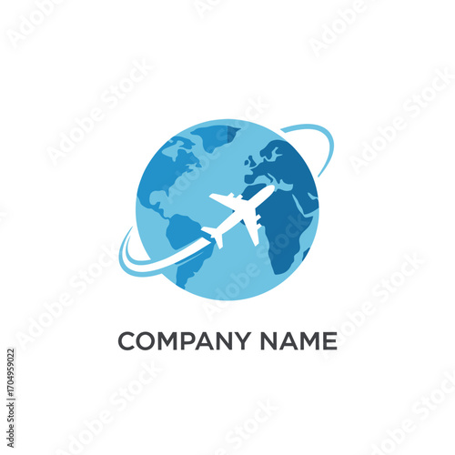 Global travel logo with airplane flying around the Earth.