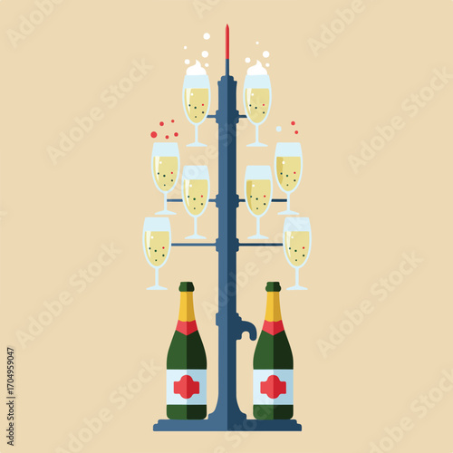 Champagne tower with glasses and bottles suitable for celebrations, new years eve, parties, weddings, events, luxury concepts, festive designs.