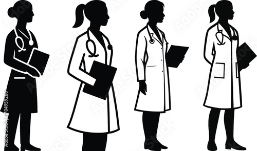 Set of female doctor silhouettes holding clipboards medical professionals poses 