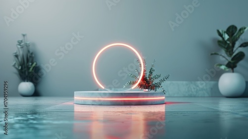 High-tech 3D podium with glowing circle effect for futuristic displays.