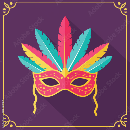 Mardi gras mask is displayed with vibrant feathers creating a festive frame. Ideal for invitations, posters, blog posts, and social media.