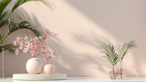 Sophisticated 3D podium with pastel backdrop, serene platform for product showcase, featuring light cream and pink.