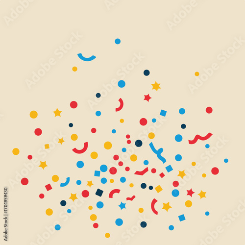 Confetti scattered on beige background signifying celebration, ideal for party invitations, festive banners, greeting cards, and event promotions.