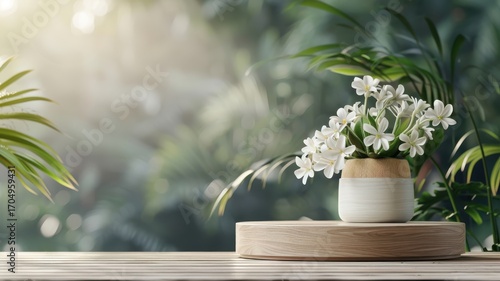 3D green podium in a forest, natural wood stand, surrounded by tropical plants and white flowers for product display.