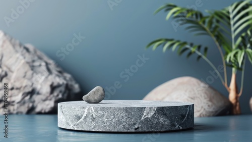 Black stone podium with a dark rock background, featuring a 3D abstract stage with geometric marble details and a minimal studio setup.