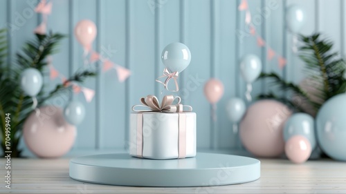 Blue 3D podium with a balloon backdrop, featuring a gift box on a stage platform, ideal for birthday celebrations and product displays.
