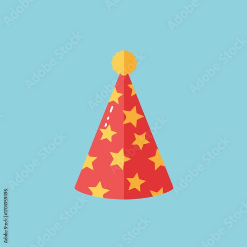 Red party hat with yellow stars and pompom for festive occasions, birthday celebrations, themed parties, and dressup events. Ideal for party invitations and decorations.