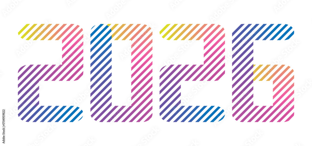 Obraz premium 2026 Colorful striped typography. Modern gradient year number design for new year. Transparent vector