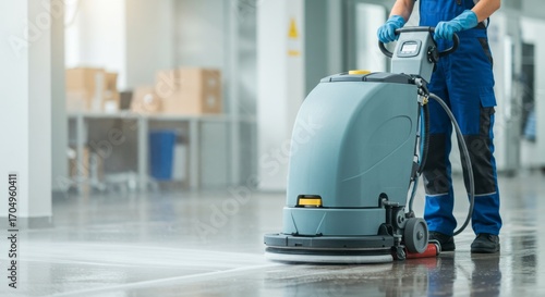 Cleaner cleaning a floor with a scrubbing machine. Professional cleaning service for commercial spaces and offices.