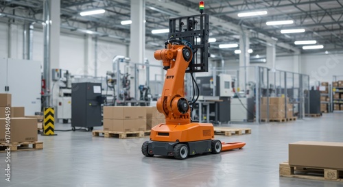 Autonomous mobile robot with robotic arm on a factory floor. Industrial automation warehouse logistics technology for smart manufacturing.