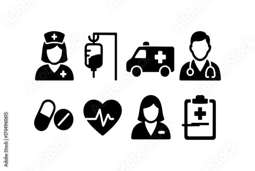 Healthcare and Medical Icon Set – Nurse, Doctor, Ambulance, IV Drip, Medicine, Heartbeat, Medical Report – Solid Vector Icons