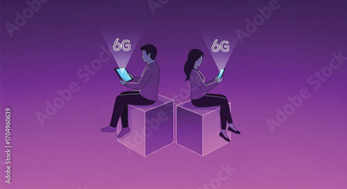 A modern illustration showcasing two people, one male and one female, seated and using devices, highlighting the concept of 6G technology. EPS Vector