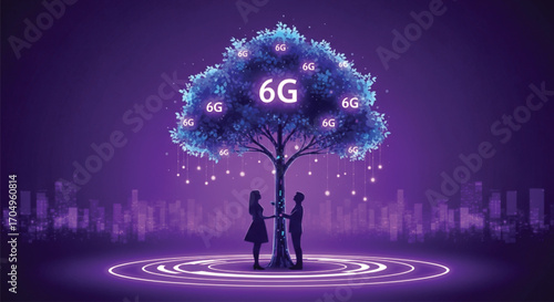 A vibrant, futuristic illustration depicts a glowing tree adorned with the 6G logo, signifying the next generation of wireless communication. EPS Vector