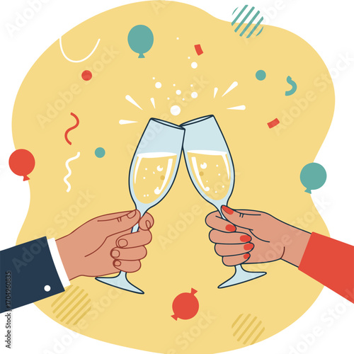 Two hands clinking glasses at festive event suitable for party invitations, social gatherings, toasting, celebrations, cheers, joy, happiness.