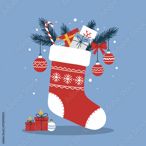 Christmas stocking with gifts, ornaments, tree branches perfect for holiday greeting cards, website banners, social media posts, and festive designs.
