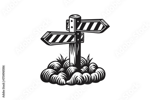 Black Outline Direction Signpost with Mountain, Route, Fir Tree Icons on White