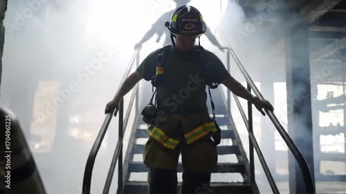 Brave firefighter in full protective gear descending a staircase through thick smoke during a rescue operation