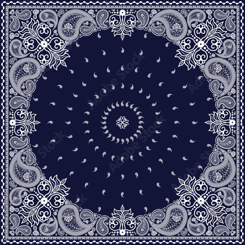 Bandana paisley square ethnic floral hand drawn pattern.Ornament classic vintage vector elements white on navy blue background.Design for scarf,headscarf,kerchief,tablecloth,print fabric,decoration.
