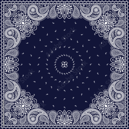Bandana paisley square ethnic floral hand drawn pattern.Ornament classic vintage vector elements white on navy blue background.Design for scarf,headscarf,kerchief,tablecloth,print fabric,decoration.
