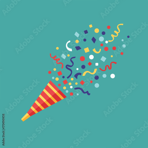 Party popper with confetti on green background. Ideal for celebration, festivities, birthdays, and eventrelated design projects like invitations and greeting cards.
