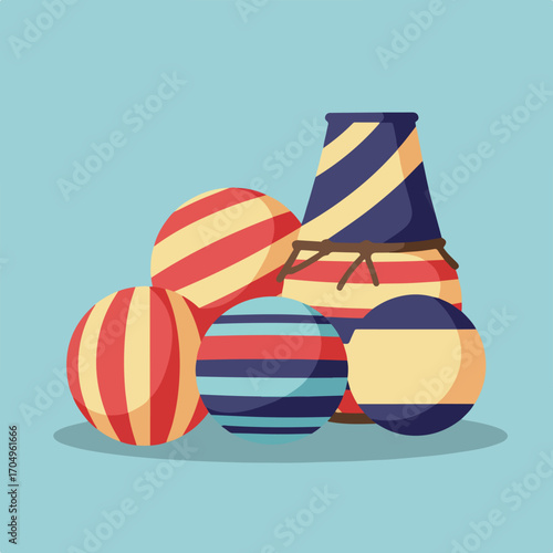 Background with drum and striped balls, suitable for music events, childrens parties, or carnivalthemed designs. Colorful and playful composition.