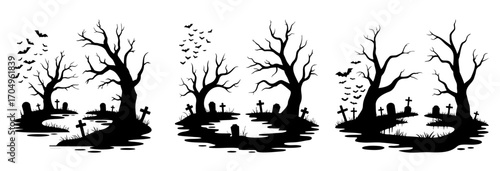 Spooky silhouettes of dead trees and tombstones perfect for Halloween