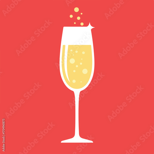 Celebratory champagne flute displaying bubbles on vibrant red backdrop. Suitable for new years eve, celebration, festivities, party invitations, luxury events.
