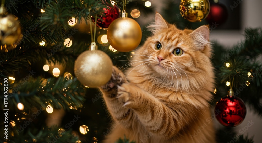 Obraz premium Cute orange cat playing with a golden Christmas ornament on a decorated tree. Holiday pet mischief concept for festive greeting card.