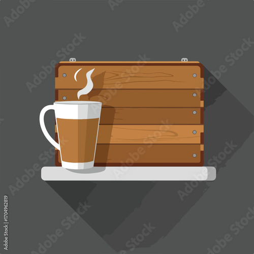 Steaming mug of coffee sits on a wooden shelf, perfect for coffee shop promotions and cozy aesthetics. Suitable for coffee shop advertisements, cafe menu designs, social media posts, cozy aesthetics.