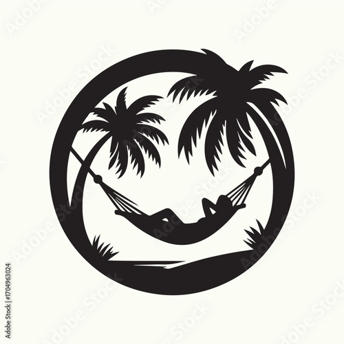 palm and hammocks vector silhouette clip art logo design illustration. hobbies and leisure sketch art collection.