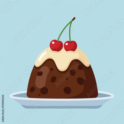 Pudding dessert with cream and cherries, perfect for recipes, dessert menus, food blogs, and culinary designs for delicious content.