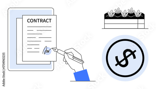 Hand signing contract, dollar sign in circle, and eco-friendly rooftop garden design. Ideal for finance, sustainability, agreements, investments, eco-design smart contracts corporate growth. Flat