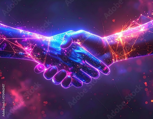 Digital Partnership A Neon Handshake of Technology and Collaboration