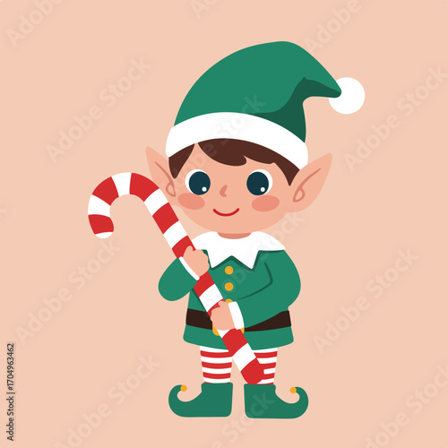 Christmas elf with candy cane perfect for holiday greeting cards or festive designs. Ideal for websites, advertisements, and social media.