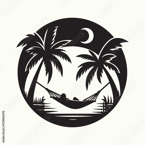 palm and hammocks vector silhouette clip art logo design illustration. hobbies and leisure sketch art collection.