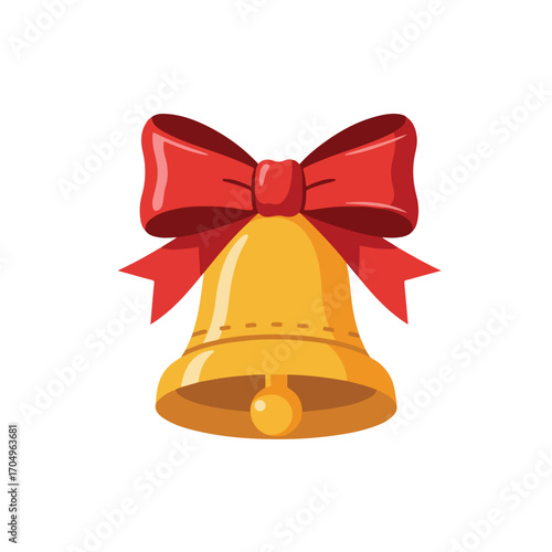 Golden bell adorned with a cheery red bow, perfect for christmas and holiday designs, invitations, greeting cards, and festive decorations.